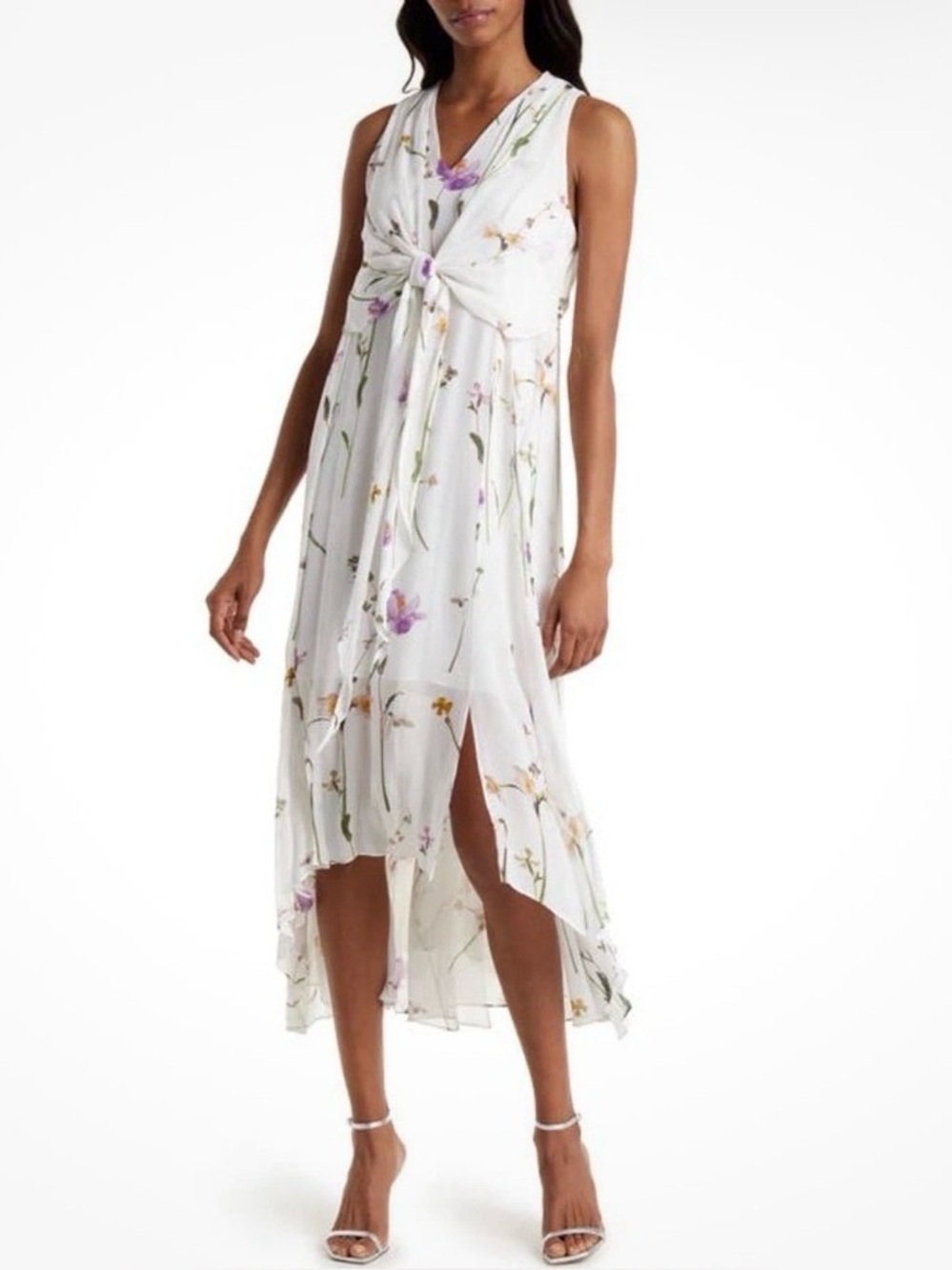 All Saints White Floral High-Low Dress with Lavender Accents